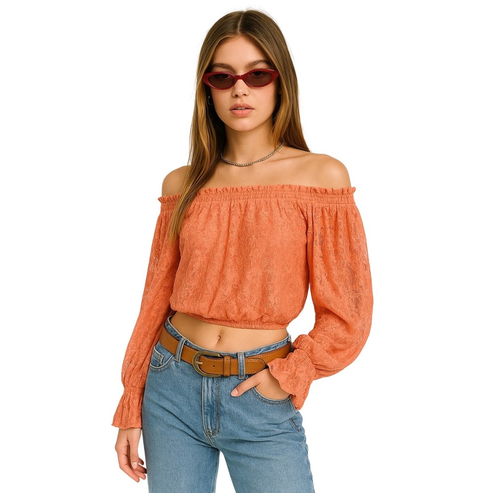 Free People Coral Lace Off Shoulder Peasant Blouse Women's Sz M Boho Romantic